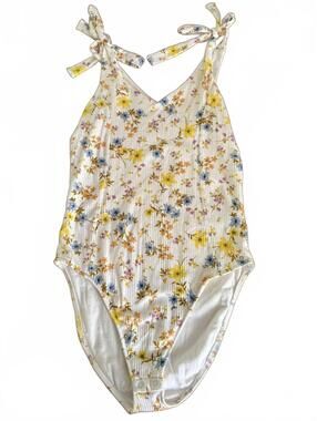 Floral Ribbed Knit Bodysuit with Tie Shoulder Straps